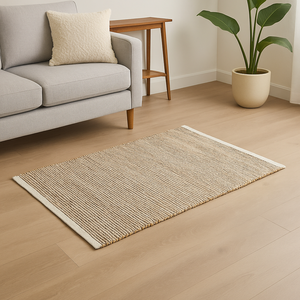 พรมทอมือจากผ้าฝ้ายและปอกระเจาแบบทอเรียบ พร้อมส่ง สีดำธรรมชาติ สีเบจ ตกแต่งบ้านสไตล์มินิมอล พรมปูพื้น พรมเช็ดเท้า พรมอินเดียในสหรัฐอเมริกา - Product Image 2