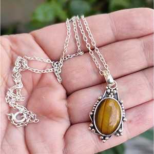 Handmade Boho Silver Necklace with Natural Tiger's Eye Pearl Sterling Silver <b>Locket</b> Pendant Chain Unique Gift for Her - Product Image 5