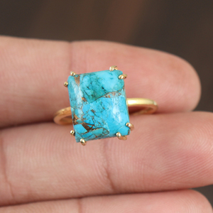 Hot Selling 925 Sterling Silver <b>Ring</b> Trendy Rectangular Design Vintage <b>Gold</b> Plating Cooper <b>Turquoise</b> Gemstone Fine Wedding Party - Product Image 1