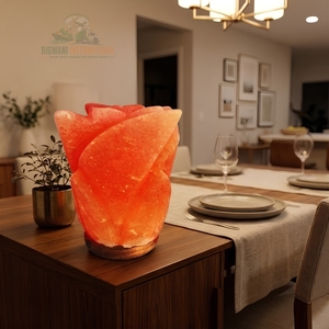 Lampe de nuit en sel rose de l'Himalaya naturel sculptée à la main, avec base en bois et variateur d'intensité, pour chambre, spa, bien-être et décoration - Product Image 2