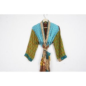Bata de Seda de Lujo Étnica Vintage para Mujer, Kimono de Sari Indio con Parches Reciclados, Ropa de Dormir, Vestido de Playa para Primavera y Verano - Product Image 2