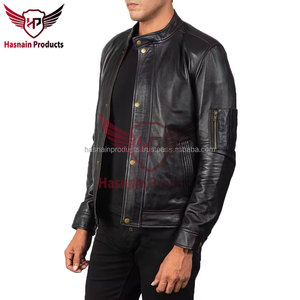 Veste en cuir véritable noir pour homme, fermeture à boutons-pression, poche zippée sur le bras, style Cafe Racer en peau de mouton, vêtement d'extérieur hivernal minimaliste personnalisé - Product Image 3