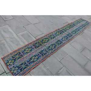1.8x10.7 ft Turkish <b>Runner</b> Rug, Blue <b>Green</b> Vintage Check Wool Rug - Product Image 3