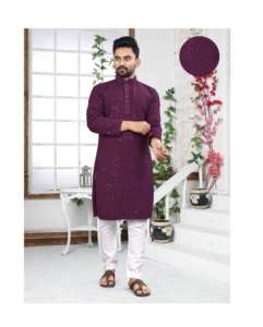 Última Colección de Kurta Pijama Exclusivo para Hombre en Tela de Rayón Suave, Ideal para Ocasiones Festivas y Especiales, Corte Moderno y Ajustado - Product Image 1