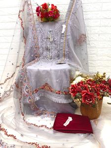 Salwar Kameez de Organza con Bordado Intenso, Dupatta de Red con Trabajo Khatli, Parte Inferior de Santoon con Volantes y Encaje, Ropa Formal India para Mujer Adulta - Product Image 4