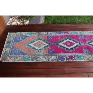 Vintage Turkish <b>Runner</b> Rug 2.4x9.6 ft, <b>Red</b> Blue Floral Wool Rug - Product Image 5