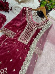 Ensemble de soirée en velours de viscose, look de créateur, haut-dupatta et bas entièrement cousu - Product Image 5