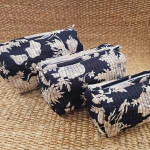 Indian <b>quilted</b> hand block print cotton cosmetic <b>bag</b> Toiletry <b>bag</b> <b>Makeup</b> pouch Accessory case Women's travel <b>bag</b> Handmade Kantha - Product Image 2