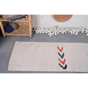 พรมตุรกีขนาด 2x8.4 ฟุต, พรมคิลิม, พรมลายตารางสีเบจทำจากขนสัตว์ - Product Image 5