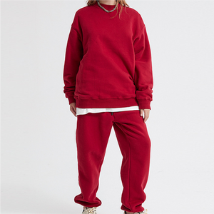 360g coton solide col rond hommes deux pièces ensemble survêtement coupe ample pull deux pièces à capuche pantalons de survêtement ensemble homme - Product Image 1