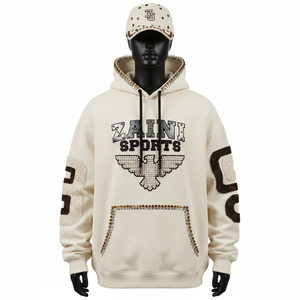 Sweat à capuche pour homme en coton brossé de qualité supérieure, mélange de polaire, ton crème, broderie chenille, logo clouté, sweat-shirts basiques pour homme - Product Image 6