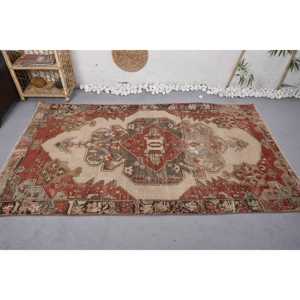 Alfombra turca Vintage, rojo, Beige, 4,2x7,2 pies, área grande de lana, diseño de retales tradicional ecológico para pasillo, dormitorio, látex - Product Image 3