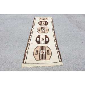 Rústico Beige Marrón 2,6X9,4 pies Área grande Alfombra de lana hecha a mano Rectángulo abstracto turco Diseño de retazos Látex para habitación de pasillo - Product Image 1