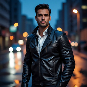 Vestes en cuir véritable à fermeture éclair complète pour hommes | Vestes en cuir de mouton/peau de vache à la mode coupe-vent pour hommes - Product Image 4