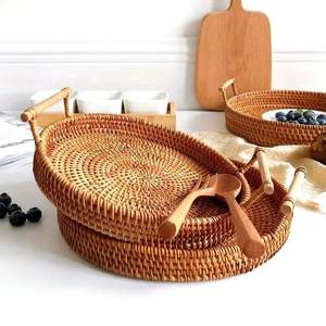 Plateau de service en bois de rotin rond noir naturel et marbre tissé à la main avec poignée Plateau en osier décoratif pour boissons alimentaires - Product Image 2