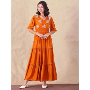 Vestido Maxi Deebaco para Mujer, Color Marrón Bronceado, Cuello en V, Bordado, Sin Mangas, con Dobladillo Tejido en Capas, Estilo Boho, Casual de Verano - Product Image 1