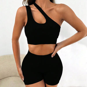 Hot 2 pièces femme Fitness Yoga costume sans couture une épaule gilet Shorts séchage rapide Gym entraînement ensembles grande taille ensemble de sport - Product Image 2