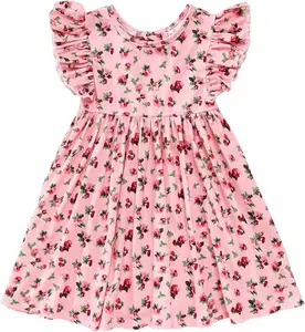 OEM ODM Custom Baumwolle Print ärmel los für Mädchen Kleid mit Rüschen ärmeln Kinder kleid