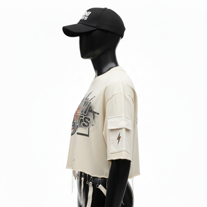 Camiseta Corta de Algodón Francés de Alta Calidad para Mujer, 240 GSM, Dobladillo Deshilachado, Logotipo Estampado, Camiseta para Mujer - Product Image 3