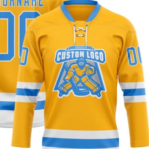 OEM Fabricación personalizada al por mayor Custom Gold Powder Blue-White High Quality Hockey Lace Neck Jersey - Product Image 5