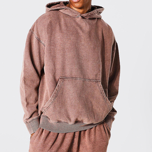 Hoodie en coton tricoté coupe classique, léger, uni, en molleton bouclette de haute qualité 480G, effet vieilli et délavé à l'acide - Product Image 4