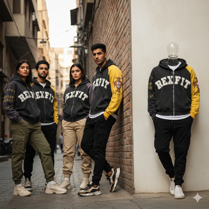 Sweat à capuche zippé RexFit Sports Color Block noir, violet, jaune, en molleton de coton, streetwear, logo personnalisé, unisexe, veste zippée d'hiver - Product Image 4