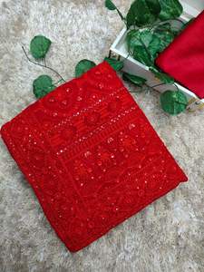 Sari traditionnel en faux georgette avec un travail lourd de chikankari et une bordure en dentelle pour les occasions de mariage et de fête de Diwali - Product Image 2