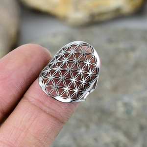 โบฮีเมียนฮิปปี้หนาเงินสแตนเลสปรับได้รูปทรงเรขาคณิตแหวนดอกไม้แฮนด์เมดดีไซน์ไม่ซ้ำใคร - Product Image 1