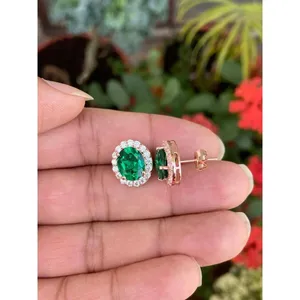 14k Gold 18k Gold Rose Gold White Gold-Trendy Oval Emerald Stud Earrings <b>Diamond</b> Zircon Geometric Pattern for Engagement Wedding - Product Image 3