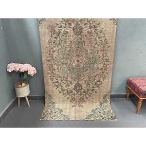 Turkish Vintage Rug 3.9x7.5 ft (120x228 cm), <b>Brown</b> Bordered <b>Wool</b> Rug - Product Image 1
