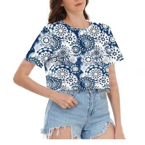 Camisetas recortadas con cuello redondo para mujer, camisetas cortas gráficas con estampado Floral de verano, manga corta, diseño Sexy de gran tamaño, venta al por mayor - Product Image 5
