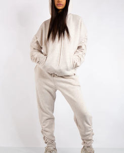 ชุดวอร์มผู้หญิงผ้าฝ้าย100% ระบายอากาศได้ดีน้ำหนักมาก300GSM ไหล่ตกพิมพ์ลายสีทึบฮิปฮอปฤดูหนาว - Product Image 4