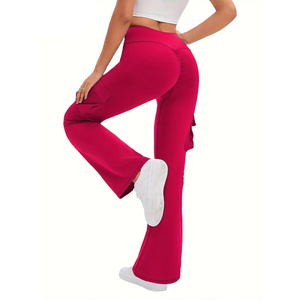 Pantalon slim à imprimé tropical avec poches, meilleure vente de pantalons de fitness en cours d'exécution taille haute pantalons pour femmes tissés évasés - Product Image 3