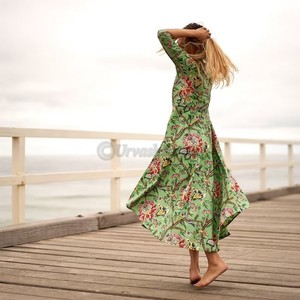 Robe de plage décontractée de haute qualité 100% coton robes imprimées d'oiseaux et de fleurs robe Maxi Vintage Midi - Product Image 1