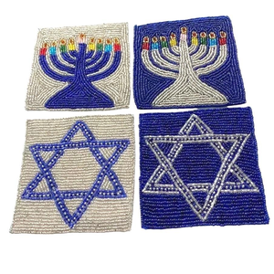 Sous-verre perlé de haute qualité sur le thème de la menorah pour la décoration de la maison pour les fêtes juives, logo personnalisé, écologique, pour l'accentuation de la table lors de la fête de la menorah - Product Image 1