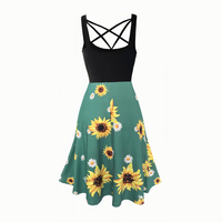 Vestido Midi Elegante de Verano para Mujer, Satinado, Corte en A, Cuello en V, Manga Corta, Estampado Floral Digital, Ecológico, Antiarrugas, con Dobladillo Cruzado, Estilo Vintage