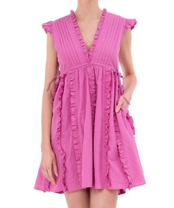 Robe courte rose sans manches à col en V et volants, style décontracté d'été en coton et fibre de bambou pour femme - Product Image 1