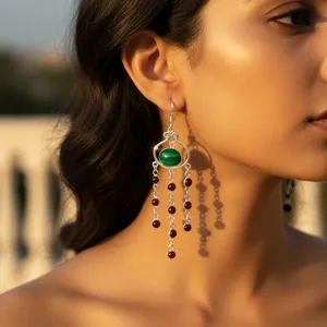 Pendientes Colgantes de Plata 925 con Baño de Oro Rosa, Malaquita y Granate, Estilo Bohemia Vintage con Borla, para Joyería de Fiesta para Mujer - Product Image 1