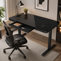 Bureau debout électrique réglable en hauteur avec tiroirs, plateau en verre, chargement sans fil pour téléphone portable, ergonomique, double moteur, pour la maison et le bureau