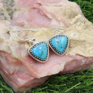 Superb Blue Copper Turquoise Gemstone Trillion Cabochon Vintage Baho Solid 925 Sterling <b>Silver</b> Plated <b>Dangle</b> Drop Womens <b>Earring</b> - Product Image 6
