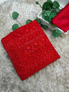 Sari traditionnel en faux georgette avec un travail lourd de chikankari et une bordure en dentelle pour les occasions de mariage et de fête de Diwali - Product Image 3