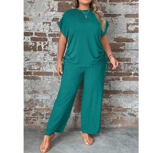 Haute qualité femmes automne solide bouton deux pièces ensemble demi manches T-shirt coupe ajustée 100% coton bas haut de BD - Product Image 4