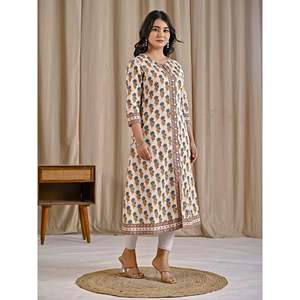 Sea Green Butti Block Printed Cotton Aline Kurti Casual Day-to-Day Office Lady Wear Floor-Length Diamond Breathable Natural - Product Image 6