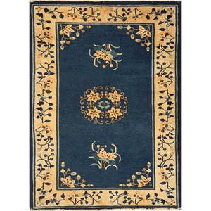 Alfombra de Lana Anudada a Mano Pechino Azul Paem-1361 con Patrón Floral, Alfombra Rectangular para Sala de Estar, Pasillo, Entrada - Product Image 1