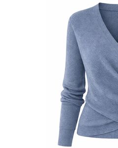 Women Steel Blue Wrap Style Knit Sweater Long Sleeve V Neck Soft Casual Winter Top Elegant <b>Ladies</b> Fashion Pullover Daily Wear - Product Image 3