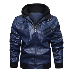 Chaqueta de moto con cremallera de piel de cordero azul marino con capucha extraíble negra para hombre - Product Image 1
