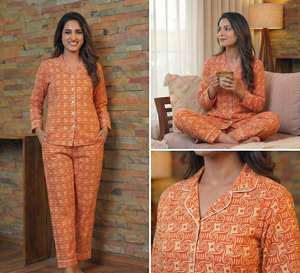 ชุดนอนผ้าทอพิมพ์ลายดอกไม้ คอวี สไตล์ลำลอง สำหรับผู้หญิง ฤดูใบไม้ผลิ/ฤดูร้อน  ผ้าฝ้ายพิมพ์ลายด้วยมือ  ชุดนอนนุ่มสบาย  คุณสมบัติให้ความอบอุ่น - Product Image 3