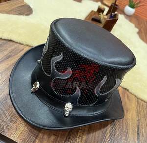 Sombrero de copa Steampunk de cuero rojo personalizado con tachuelas de calavera diseño de llama gótico sombrero de motorista para hombres mujeres Cosplay fiesta Festival desgaste - Product Image 3