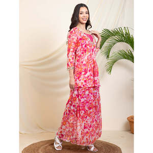 Deebaco Ensemble coordonné ethnique en mousseline pour femme, tunique longue florale avec crop top et pantalon palazzo, tenue de soirée estivale - Product Image 6