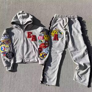 Custom Streetwear Hoodie and Sweatpants Set Embroidery Applique Distressed Sweatuit Set Acid Wash Sweat Suit Flared Tracksuit - Product Image 1